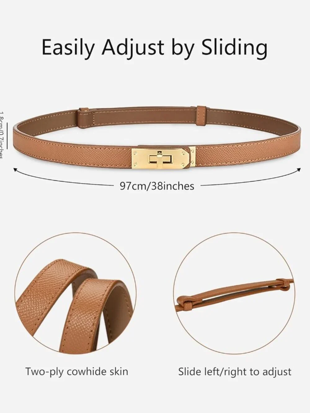 Women's Skinny Leather Belt with Adjustable Golden Turn-Lock Buckle - Ideal for - Picture 2 of 5